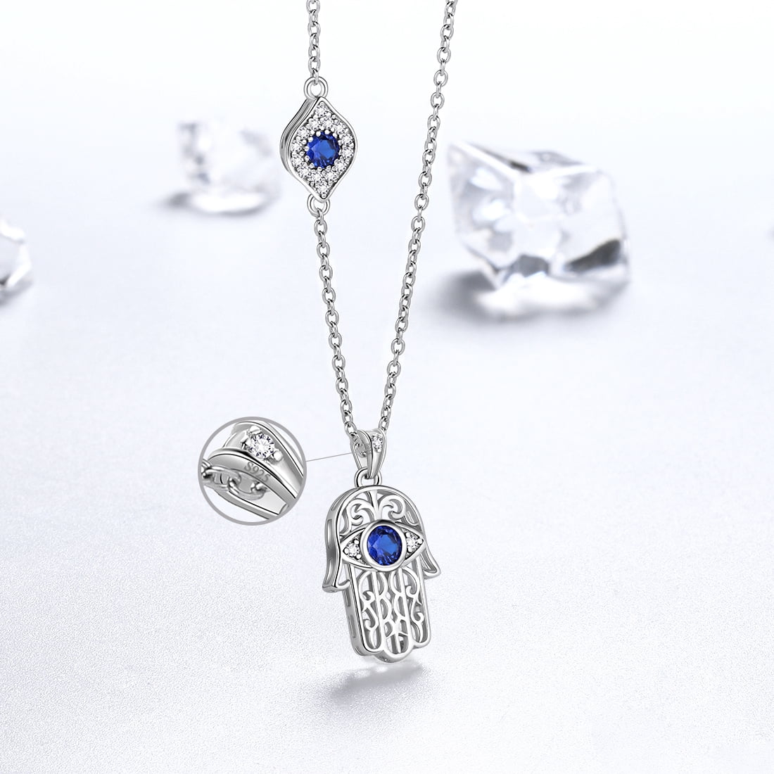 Hipunk Hamsa Necklace 925 Sterling Silver Hand of Fatima Blue Evil Eye Necklace Third Eye Lucky Amulet Jewelry Christmas Birthday Gifts for Women Men