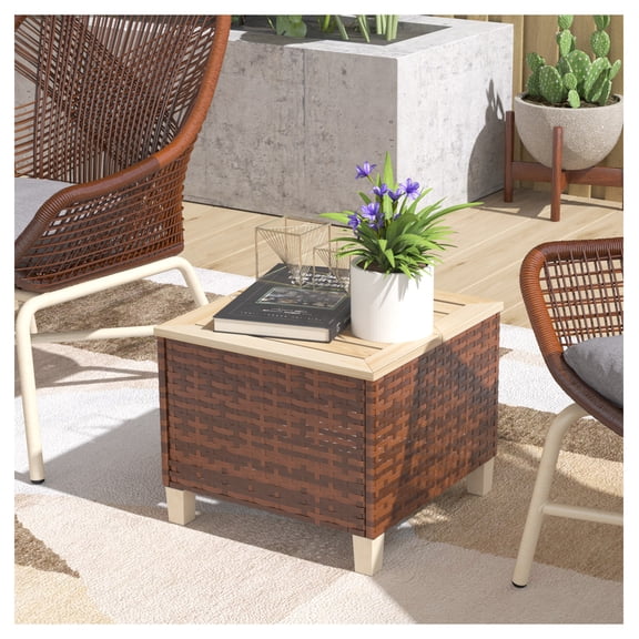 PE Rattan Outdoor Side Table with Fir Wood Top, Patio End Table Weather Resistant for Patio, Pool, Porch - Brown