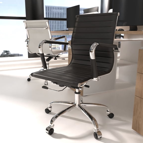FOH Mid Back Leather Ribbed Indoor Commercial Swivel and Height Adjustable Executive Chairs with Arms, Black