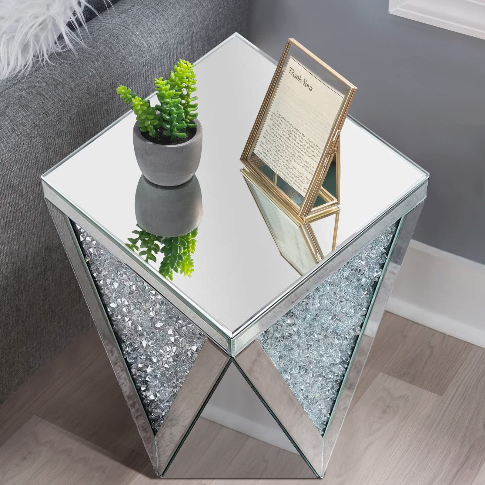 Pregaspor Silver Mirrored End Table, Crystal Inlay Side Table Accent Table, Small Mirrored Coffee Table for Living Room, Bedroom, Corner, 22" H