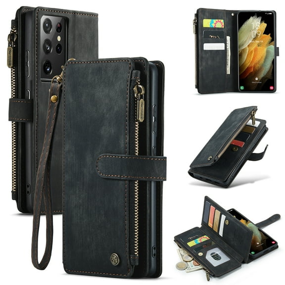 for Samsung Galaxy S21 Case, Wallet Case with Card Holder Kickstand Magnetic Zipper Pocket Lanyard Strap Wristlet,Leather Flip Case Wallet for Samsung Galaxy S21,Black