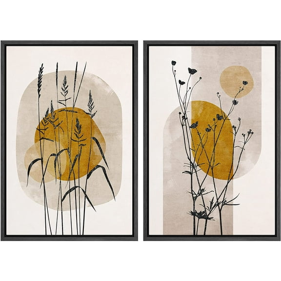 IDEA4WALL Framed Canvas Print Wall Art Set Mid-Century Modern Forest Flower Plants Nature Illustrations Modern Art Rustic Decorative for Living Room, Bedroom, Office - 24"x36"x2 Black