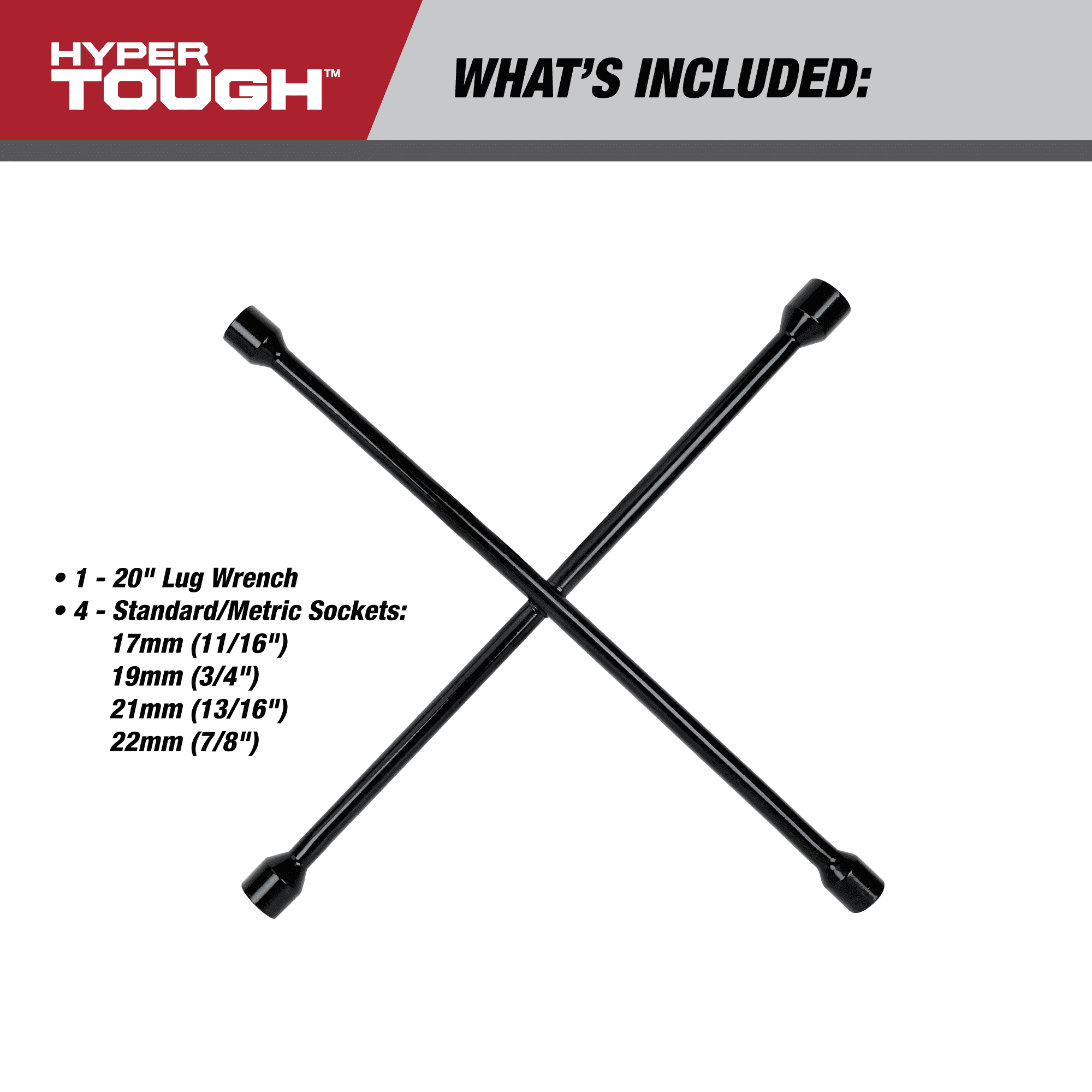 Hyper Tough Heavy Duty Lug Wrench, Carbon Steel, Tire Iron 20-inch, Black