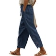 thumbnail image 2 of Petite Cropped Pant Women Casual Lightweight Pull On Wide Leg Drawstring Elastic Waist Summer Beach Pants with Pockets 23" 24" Inseam Blue S, 2 of 7