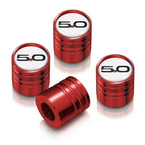Ford Mustang 5.0 in White on Red Aluminum Cylinder-Style Tire Valve Stem Caps