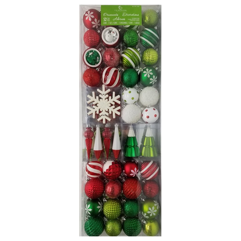 CG Hunter Holiday 52-Piece Shatter Resistant Ornaments, Green, Red
