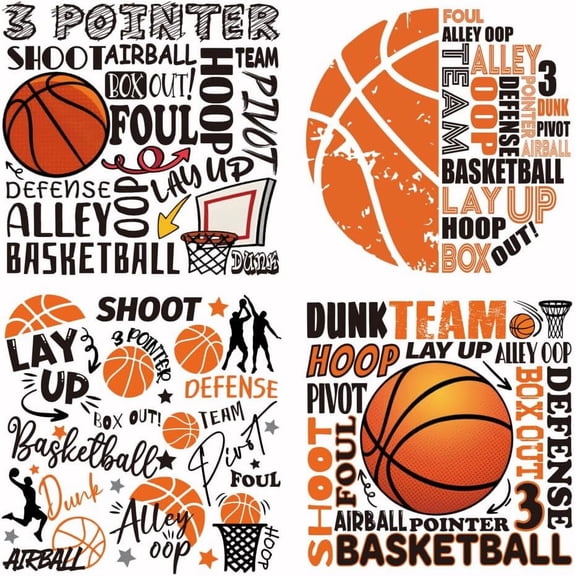 4PCS Basketball Iron on Transfer Paper DIY Sports Heat Transfer Sticker Washable Iron-on Decals for T Shirts DTF Transfers Ready to Press for Clothing Backpacks Bag Jackets Plastic