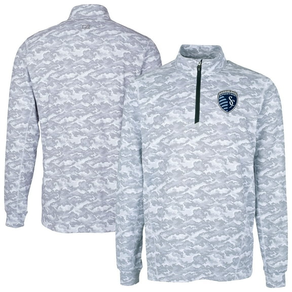 Men's-Cutter & Buck  Charcoal Sporting Kansas City Traverse Stretch Eco Camo Print Quarter-Zip Top