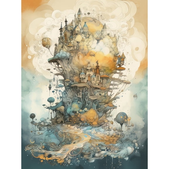 City in the Clouds Pastel Colour Concept Art Modern Watercolour Painting Unframed Wall Art Print Poster Home Decor Premium