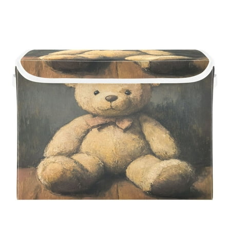 WOBOGO Cute Teddy Bear Doll Large Collapsible Storage Box Flip Lid Fabric Decorative Organizer Container Basket with Handles 16.5×12.6×11.8in