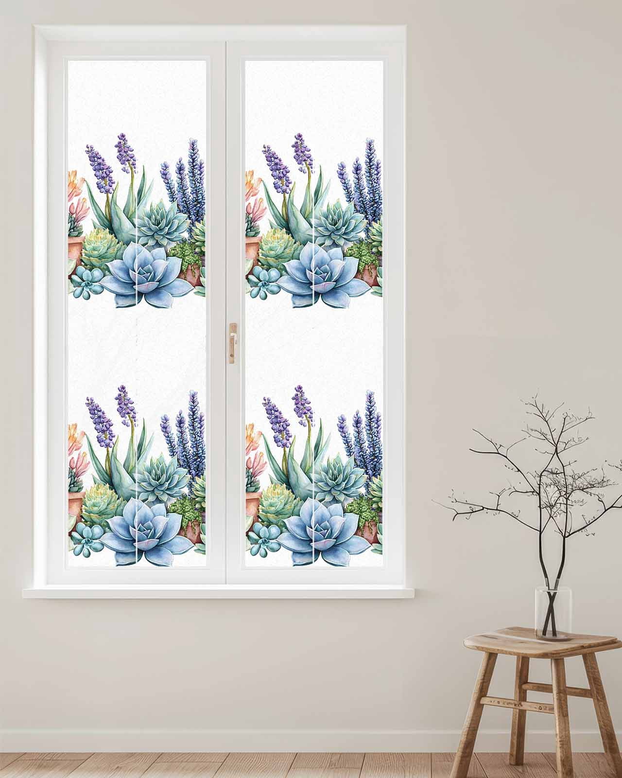 Window Privacy Film Succulent Stained Glass Window Film Decorative Sun Block Window Cover Spring Botanical Tropical Flower Window Clings Static Adhesive Sticker for Bathroom 29.5"x118"