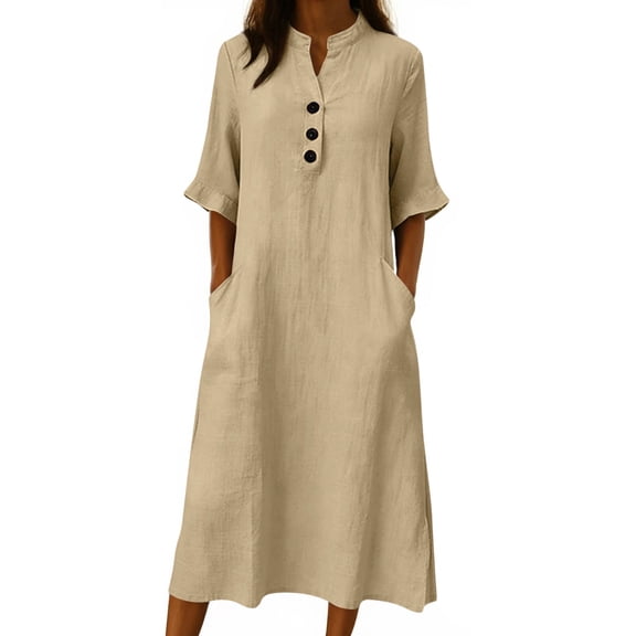 Bixock Women's Casual Maxi Dreases,Solid Color Half Sleeve Dresses,V-Neck Button Pocket Soft Comfortable Summer Dresses
