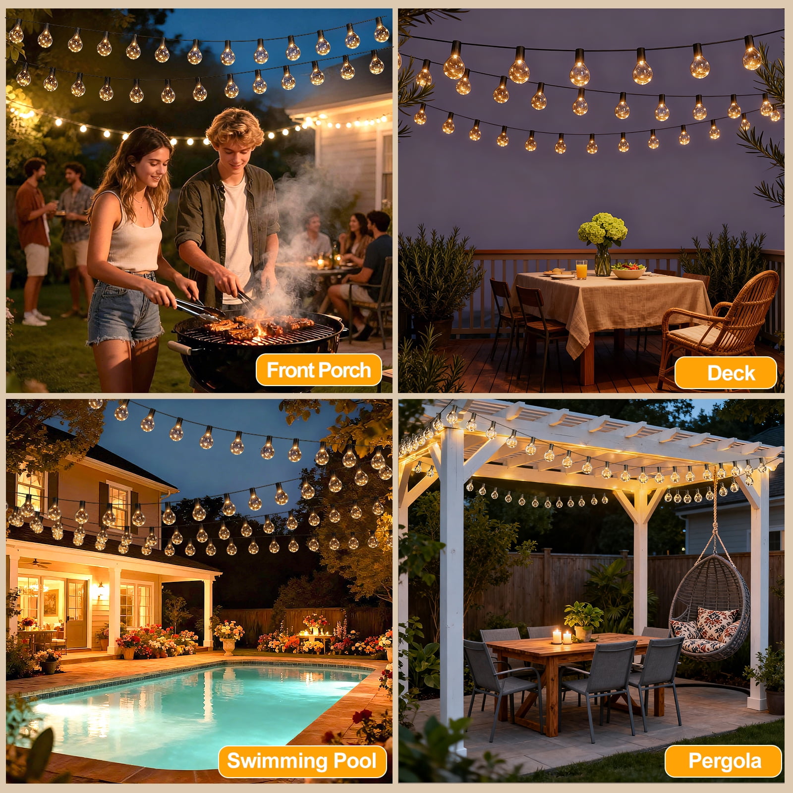 [2 Pack] Solar String Lights Outdoor, 15 Bulbs Globe Fairy Lights with Warm White LEDs, Waterproof Patio Garden Yard Decor Lighting for Fence, Porch, Deck, and Party