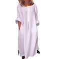 thumbnail image 1 of JUNWELL Robe Caftan à Col Rond Coton Lin Longue Chemise Robes Caftan pour Femmes Décontracté Femmes Couleur Unie Robe Maxi Oversize, 1 of 7