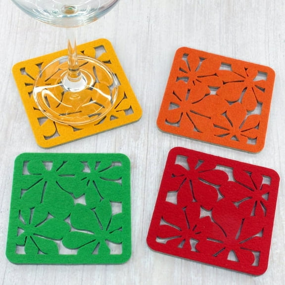 Square Floral Cutwork Reversible Felt Coasters, Set of 4 (Assorted)