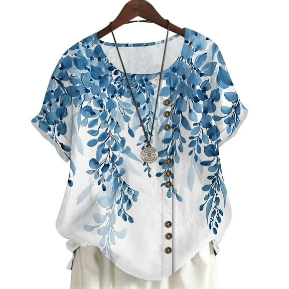 CLOOCL Women Blouse Blue Leaves Printed Short Sleeve Shirt Plus Size Summer Clothing
