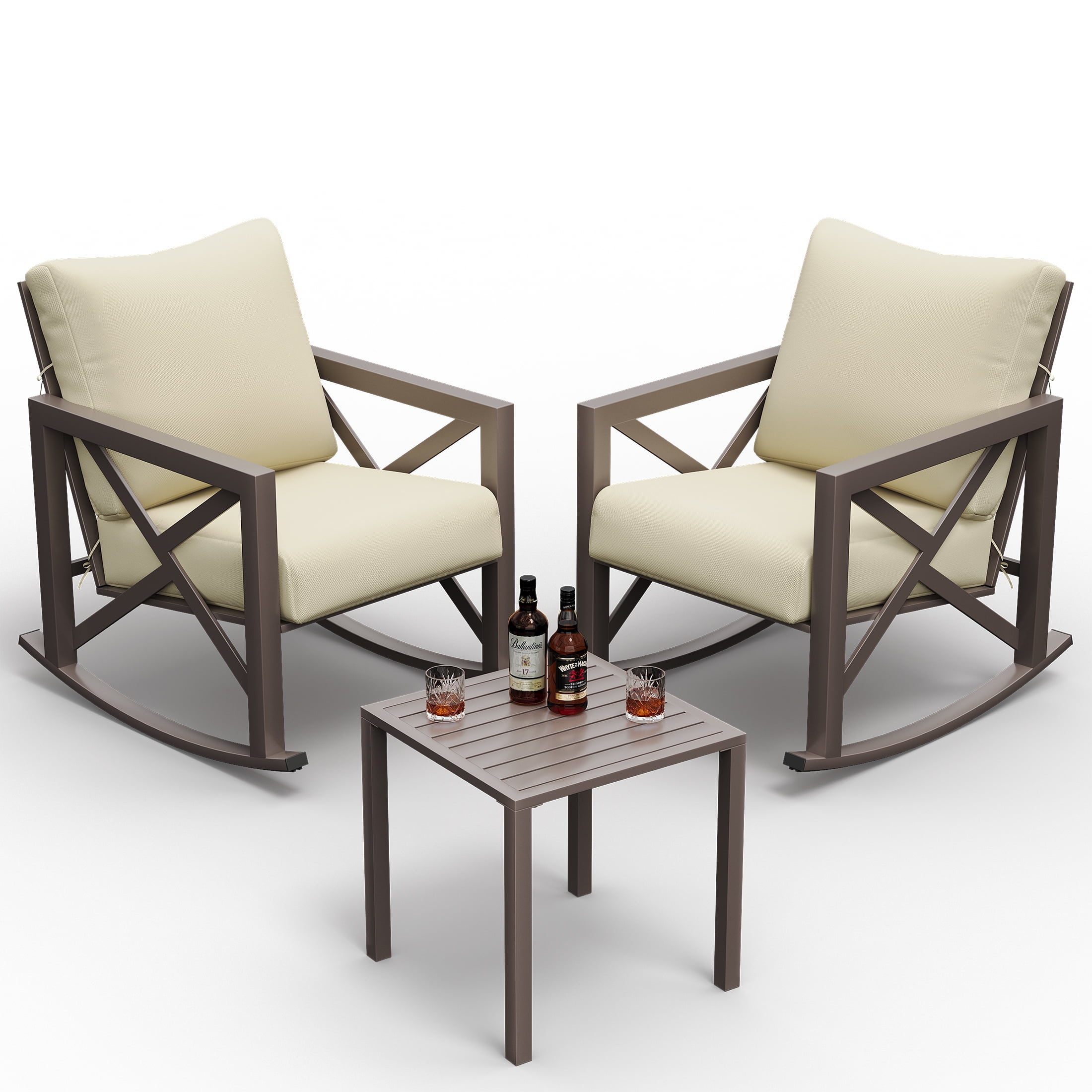 UDPATIO 3-Piece Metal Patio Rocking Chair Set, Heavy Duty 350 lbs Capacity Outdoor Bistro Furniture Set with 2 Rockers, Thick Cushions and Coffee Table for Porch, Rust-Resistant, Beige