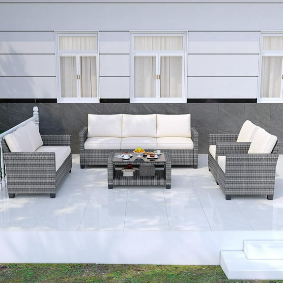 GAOMON 5 Piece Patio Furniture Sofa Set, Outdoor Sofa Set with Storage Table, Non-Slip Cushions, Wicker Rattan Patio Parlor Set, Gray