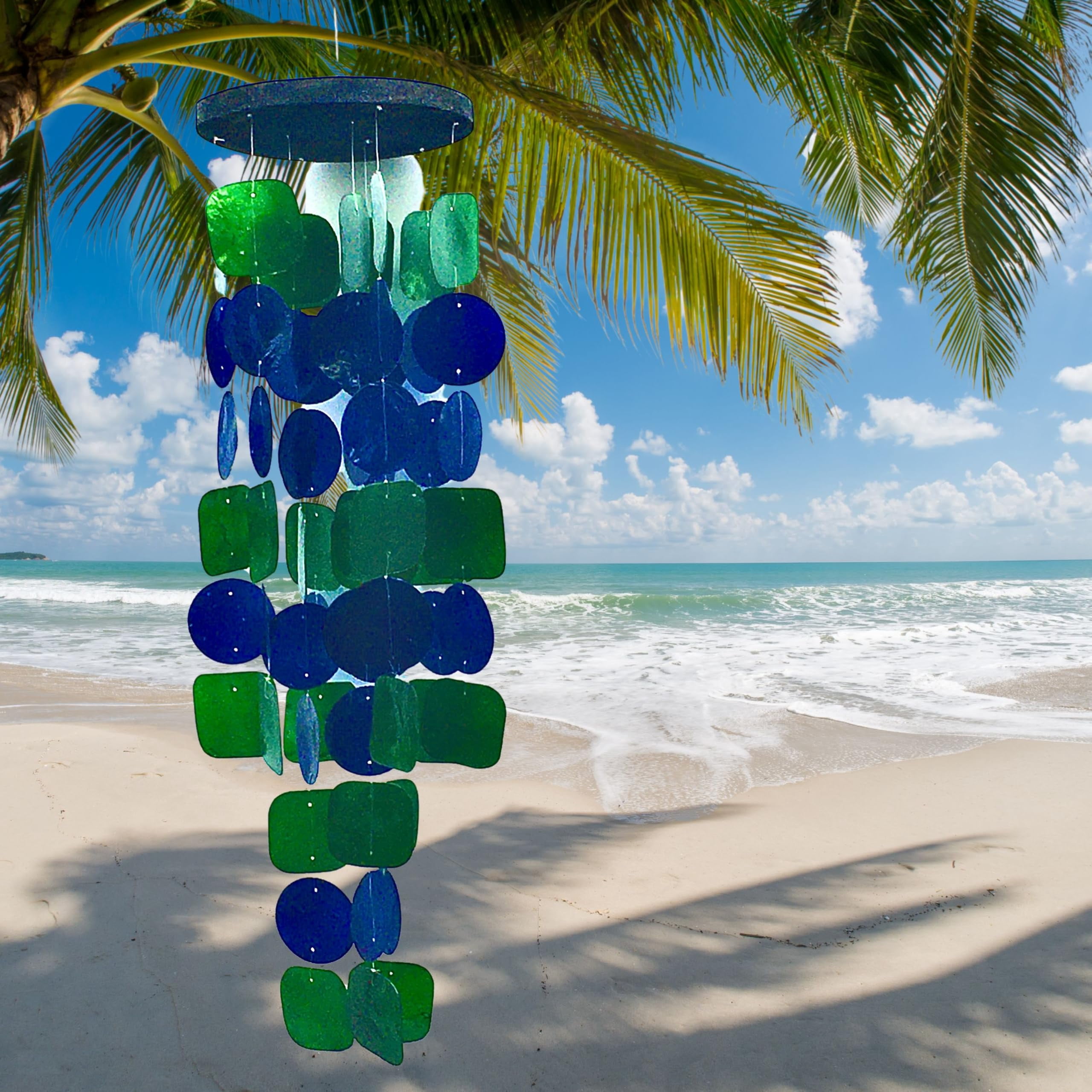 24858 Wind Chimes Outdoor  Garden Decorations Musical Indoor/outside Windchimes Beach Breeze Gifts For Mom Gift All Occasions Capiz Sea Glass Shells Wood 27 Inch Green Blue