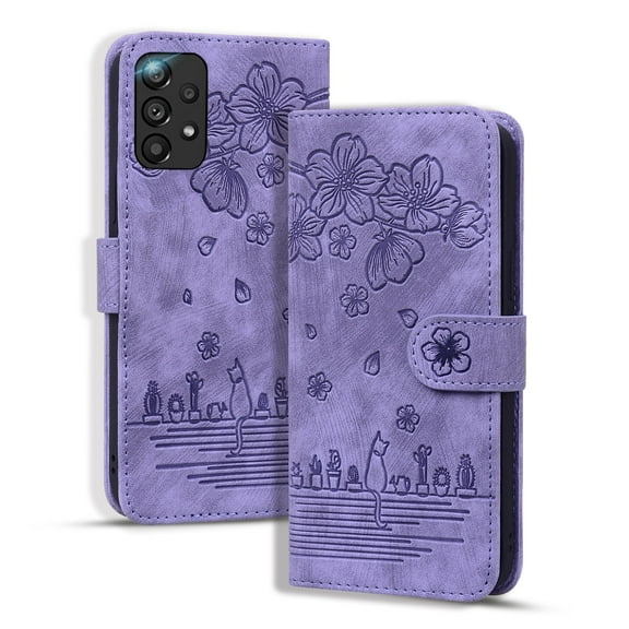 SaniMore Magnetic Wallet Case for Samsung Galaxy A33 5G [RFID Blocking] Card Holder, Cartoon Embossing PU Leather Cover Built-in Kickstand & Wrist Strap Shockproof Protective Shell, Purple
