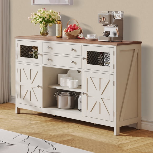 DEXTRUS Armoire de Bar à Café Style Ferme, Buffet Bahut de 59 Pouces Armoire à Vin avec 2 Grands Tiroirs, Porte à Grille Visuelle et Portes de Grange - Blanc Antique