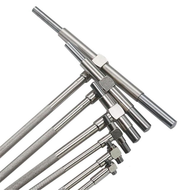 dispositivo de medición telescópico de precisión de 6 piezas 8 150 mm Yotijar, cuerpo en acero al carbono con acabado niquelado y extremos de acero inoxidable, juego de seis calibres telescópicos para medición de diámetro interior, vista en primer plano con varillas plateadas moleteadas, tuercas hexagonales de bloqueo y puntas pulidas en abanico sobre fondo blanco; rango 8–150 mm; suele utilizarse también para verificar diámetros interiores en piezas mecanizadas.
