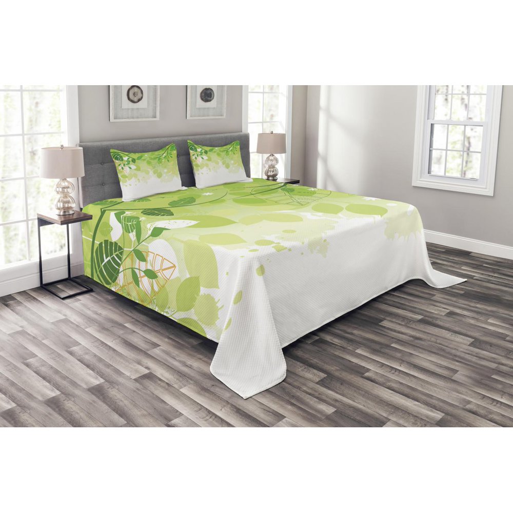 Green Leaf Bedspread Set, Flourishing Springtime Abstract Composition