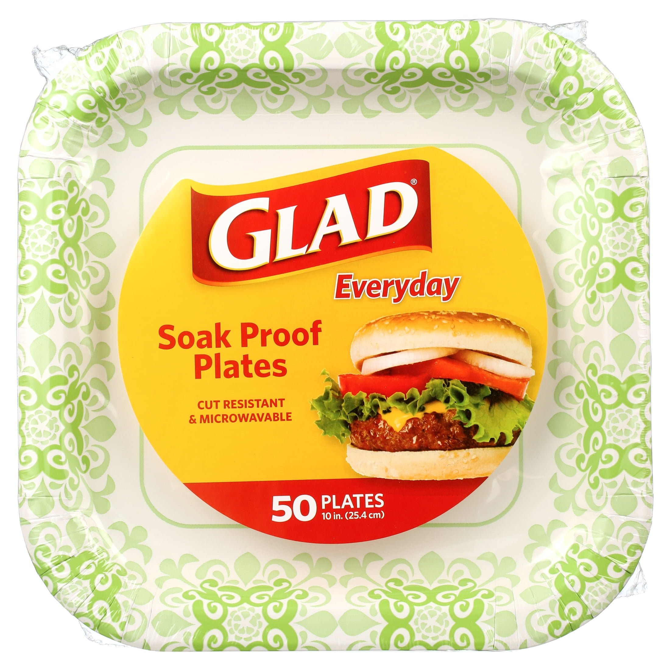 Glad Everyday 10" Square Paper Plates Green Victorian, 2 pack (100 plates total)
