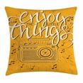 thumbnail image 1 of Enjoy the Little Things Throw Pillow Cushion Cover, Retro Radio Playing Music with Hand Drawn Calligraphy, Decorative Square Accent Pillow Case, 20 x 20 Inches, Marigold Black and Cream, by Ambesonne, 1 of 2