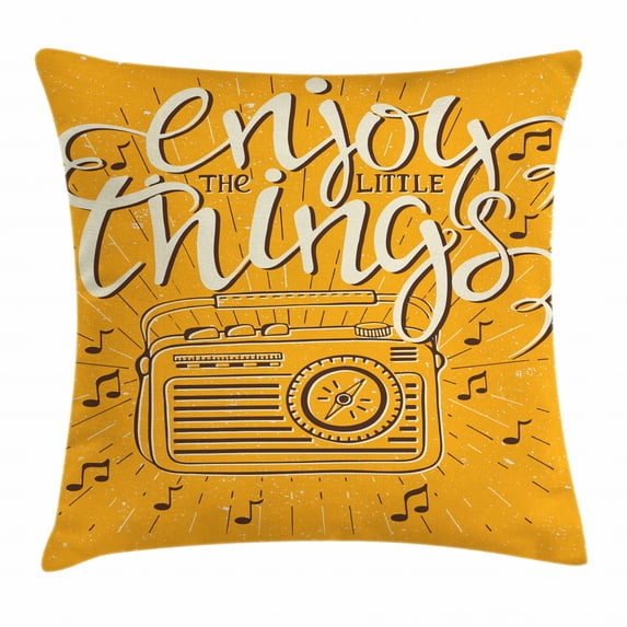 Enjoy the Little Things Throw Pillow Cushion Cover, Retro Radio Playing Music with Hand Drawn Calligraphy, Decorative Square Accent Pillow Case, 20 x 20 Inches, Marigold Black and Cream, by Ambesonne