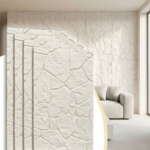 Easy4Home 4Pcs 48"x24" 3D Faux Stone Wall Panels Imitation Decorative Wall Tiles for Interior Wall Decor, Ivory White