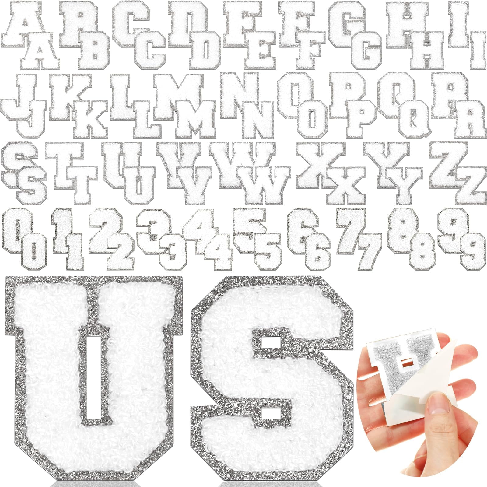72 Pcs Chenille Letter Patches Iron on Letters Varsity Letter Numbe Patches Self Adhesive Chenille Patches Chenille Embroidered Patch for Clothing White with Silver Edge Walmart