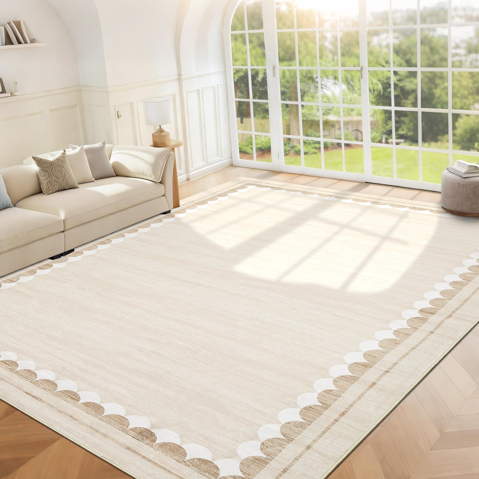 Garvee 5ftx7ft Area Rug Modern Bordered Solid Rug with Non Slip Backing, Washable Rug Contemporary Neutral Minimalist Carpet for Living Room Bedroom Dining Room, Beige