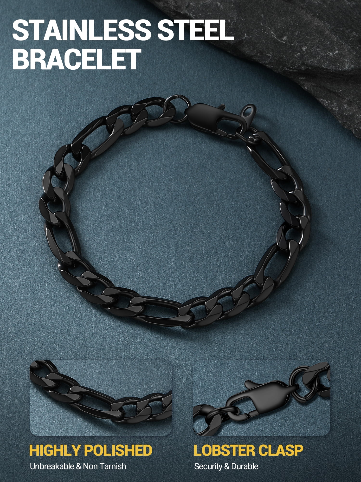PROSTEEL Stainless Steel Bracelet for Men Women Figaro Black Chain Wrist Link Bracelets 9MM 7.5 inch Birthday Birthday Father Day Jewelry Gift for Him Dad Son Adult Age