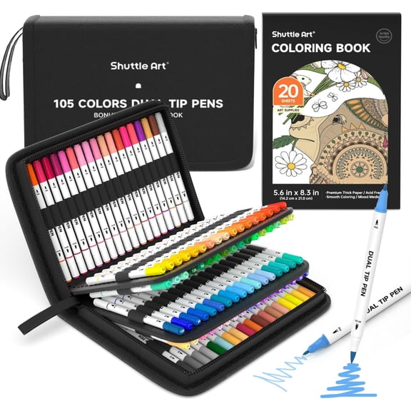 Dual Tip Brush Pens Art Markers, Shuttle Art 105 Colors Fine and Brush Dual Tip Markers Set in Portable Case with 1 Coloring Book for Adult Artist Coloring