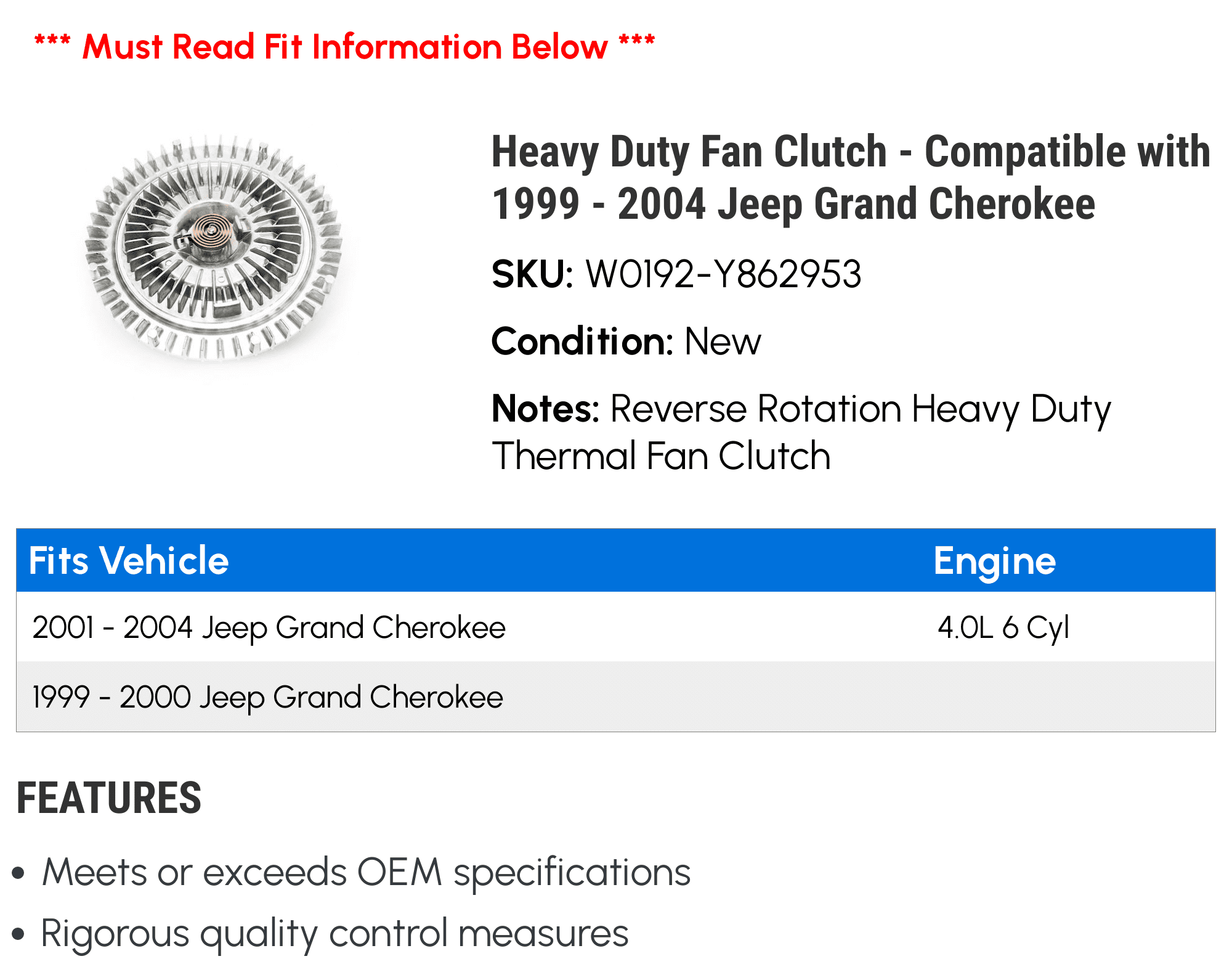 For 1999-2004 Jeep Grand Cherokee Fan Clutch 42392FD 2000 2001 2003 2002