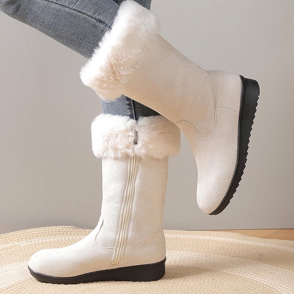 XUNKUSGA Mid Calf Boots for Women Classic Faux Suede Warm Fleece Lined Winter Snow Boots with Fuzzy Trim Cozy Casual Side Zipper Outdoor Cold Weather Womens Boots Beige 5.5
