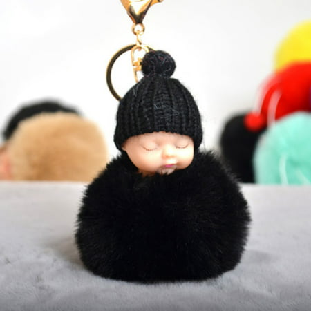 Cute Small Sleeping Baby Doll Fake Fur Fluffy Ball Keychain Bag Key Rings Pendant Ornaments Gifts Color