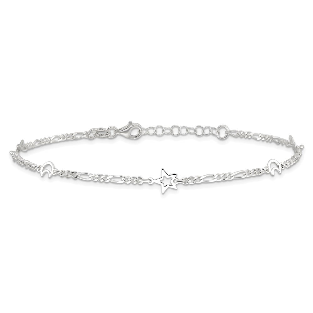 Auriga Fine Jewelry 925 Sterling Silver Polished Moon and Star 10inch Plus 1in Ext. Anklet for Women