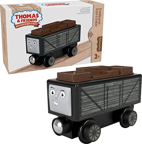 Thomas & Friends Fisher-Price Wooden Railway Troublesome Truck & Crates, Push-Along Toy Train car Made from sustainably sourced Wood for Kids