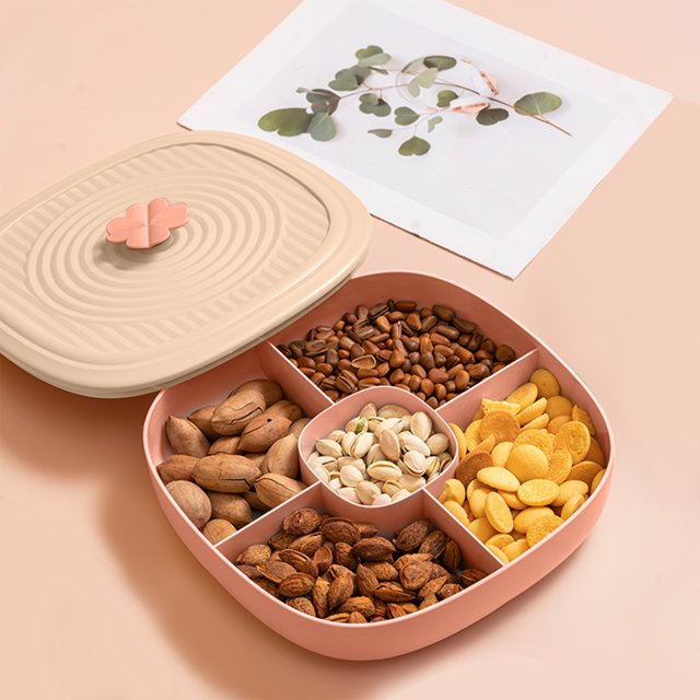 Fiudx Liquidación de ofertas flash Plato de frutas Plato de frutas de alto valor Hermosos refrigerios Plato dividido Caja de almacenamiento de dulces Caja de frutos secos dividida con tapa Incluye ca