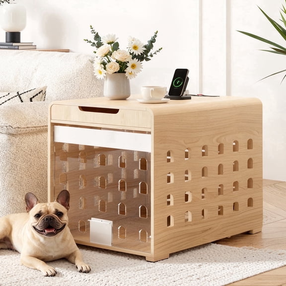 Furnibear Modern Dog Crate Furniture with Charging Station, Multifunctional Side End Table Indoor Kennel with Hidden Door for Small Dogs Breeds up to 45lb,Oak