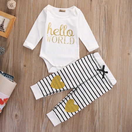 

Mxiqqpltky Baby Girls Outfit Sets Long Sleeve Letter Print Romper Golden Heart Print Striped Pants