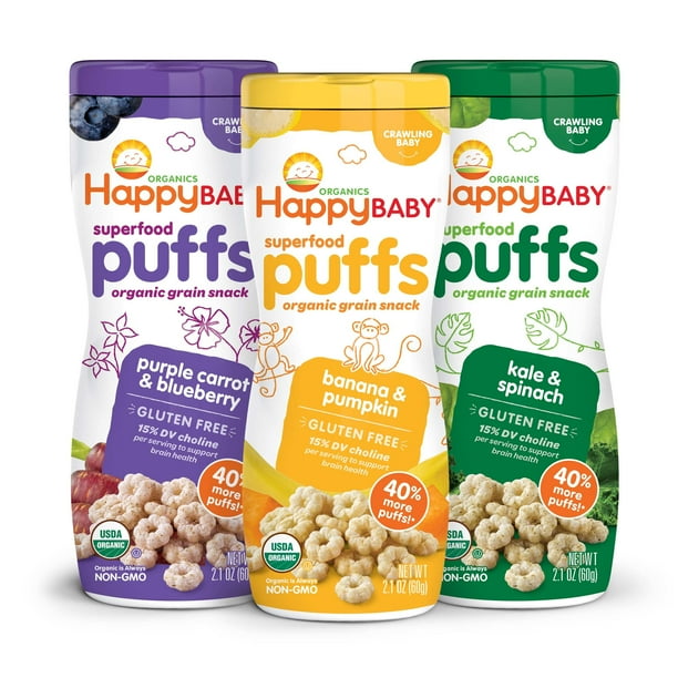 Happy Baby Organics Superfood Puffs Organic Gluten Free Baby Snack, 3Flavor Variety Pack, 6