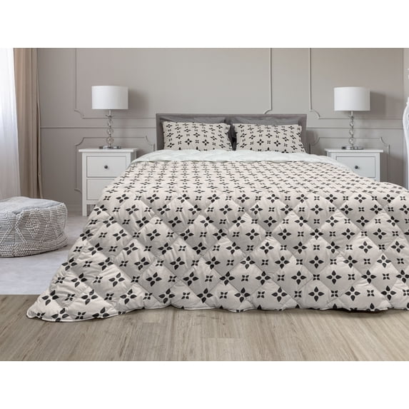 Geometric Comforter & Sham Bedding Set, Continuous Style Ornamental Teardrop Shapes in Minimalist Design, 3 pcs Duvet Set Microfiber Filling Quilt, 5 Sizes, Pale Tan and Charcoal Grey, by Ambesonne