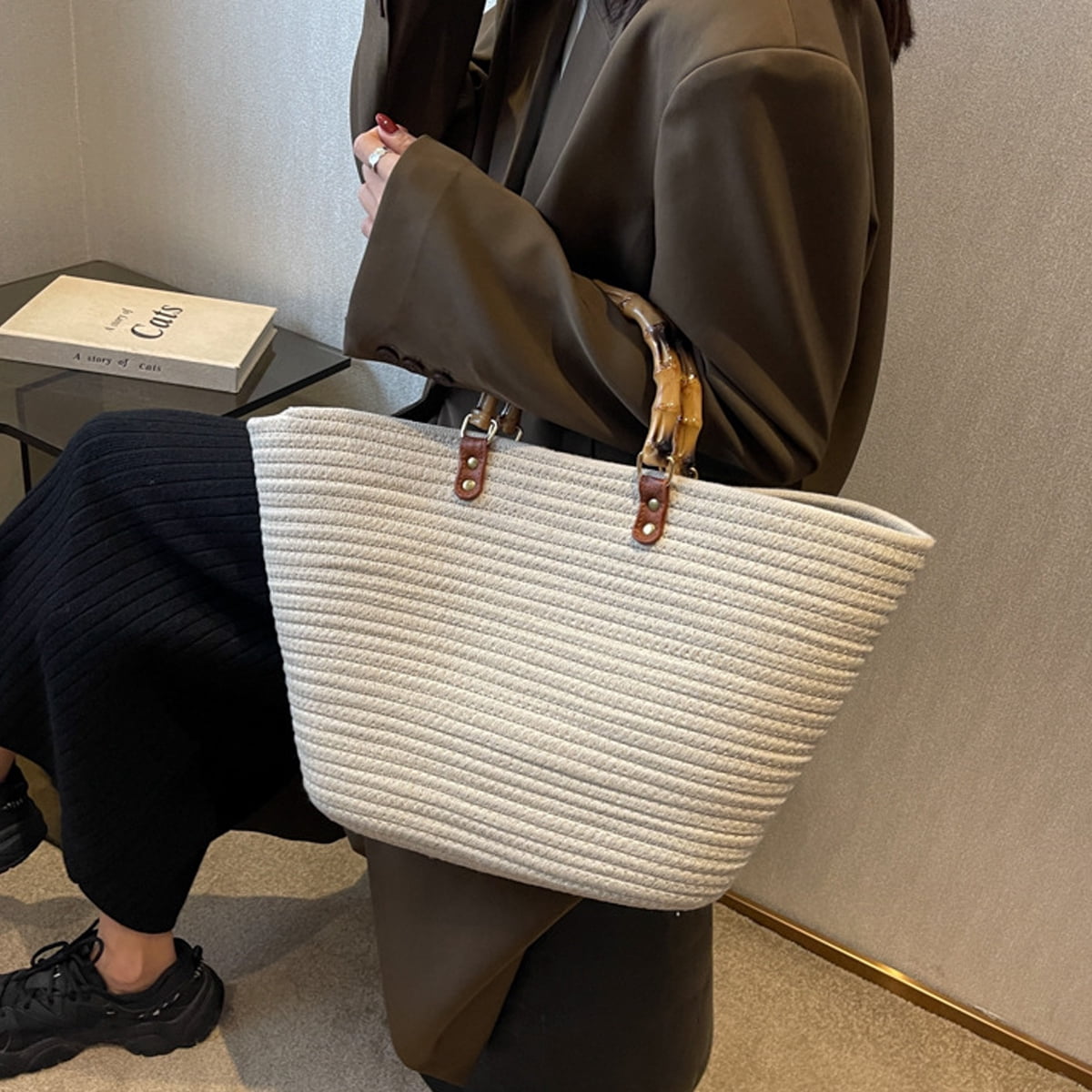 Women Straw Large Tote Bag Retro Bamboo Handle Strip Beach Handbag Summer Woven Handmade Elegant Travel Purse - Off white