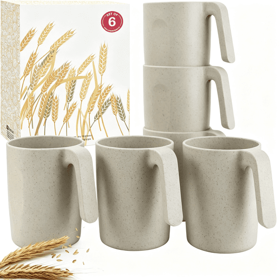 ACDANC 16Oz Wheat Straw Cups with Handles Set of 6-Plastic Cups Reusable-Unbreakable Kids Mugs-Dishwasher Safe & Microwave Safe-Ideal Plastic Mugs for Tea,Coffee,Camping,Rv-Beige