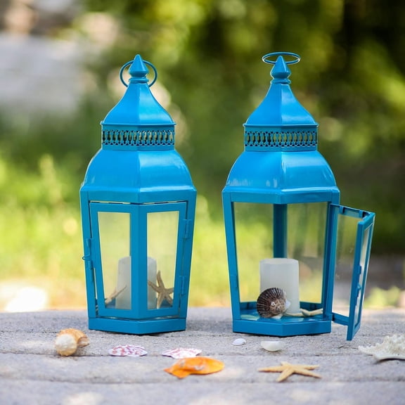 Set of 2-14.4" High Indoor Outdoor Decorative Clear Glass Candle Lanterns Light Hanging/Holder - No Candles Included