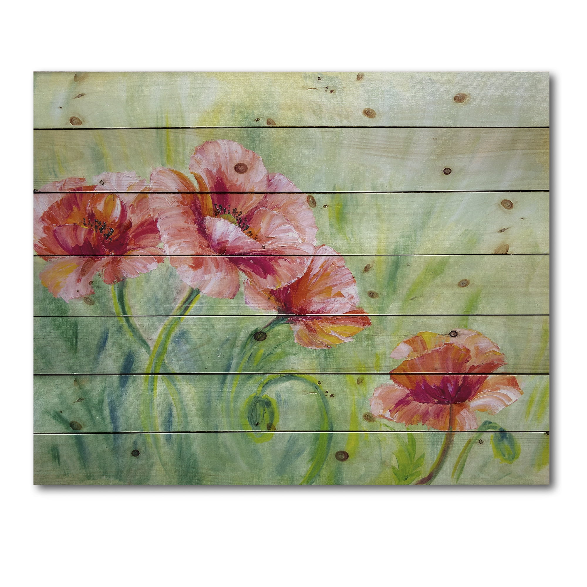Designart 'Red Blossoming Poppies Over Wild Green II' Traditional Print on Natural Pine Wood