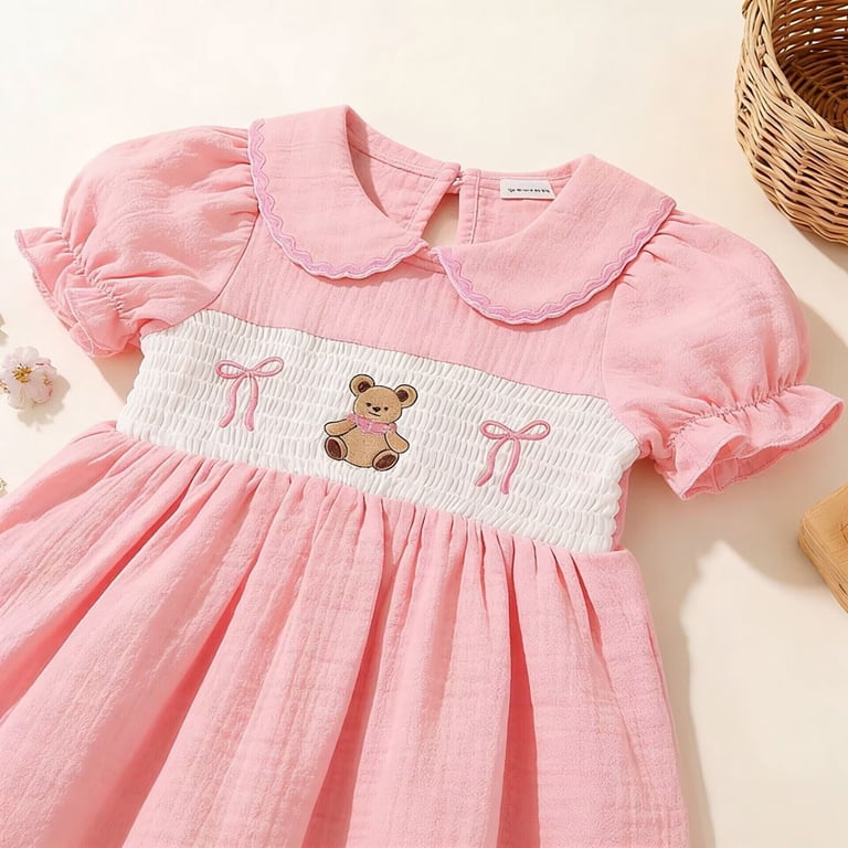 cute dresses korean KDFJPTH Girls Summer Style Bear Embroidery Collar Short Sleeve Baby Toddler Kids Sun Dress Color:Pearl Silver Milkmaid Dress Plus Size flowy cotton midi dress Long sleeve